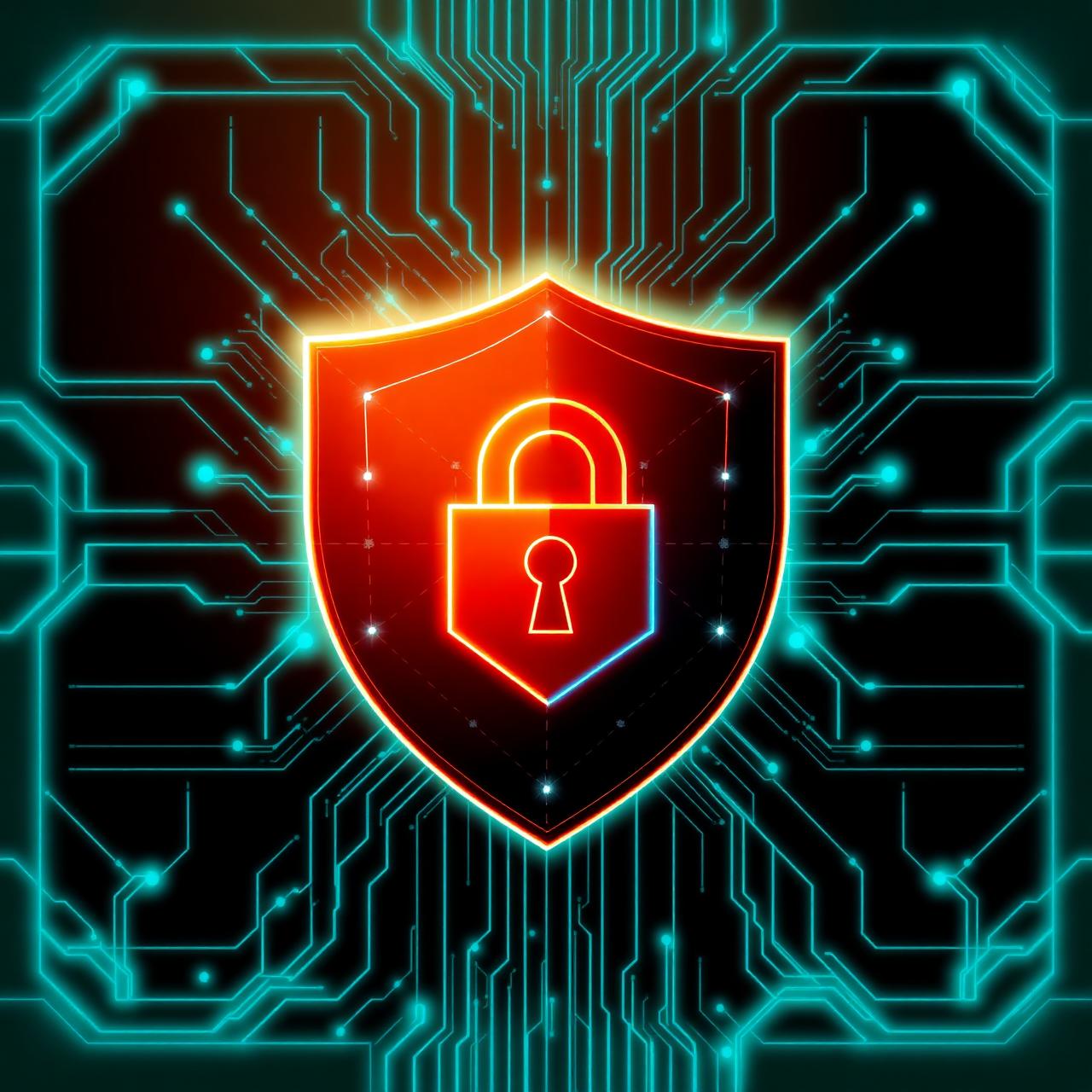 Abstract cybersecurity shield over circuit lines
